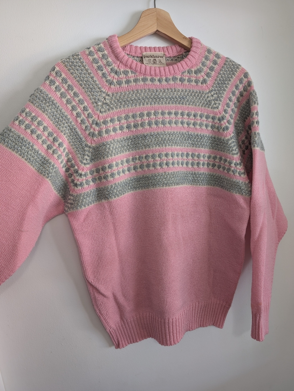Vintage 80's Parkhurst Sweater Virgin Wool Canada Fair Isle Pink Grey Icelandic